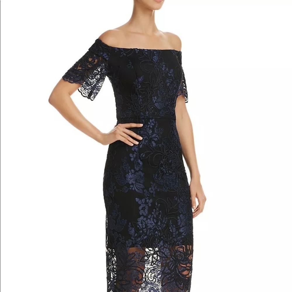 AQUA off the shoulder midi dress. Black with navy lace embroidered overlay. NWT